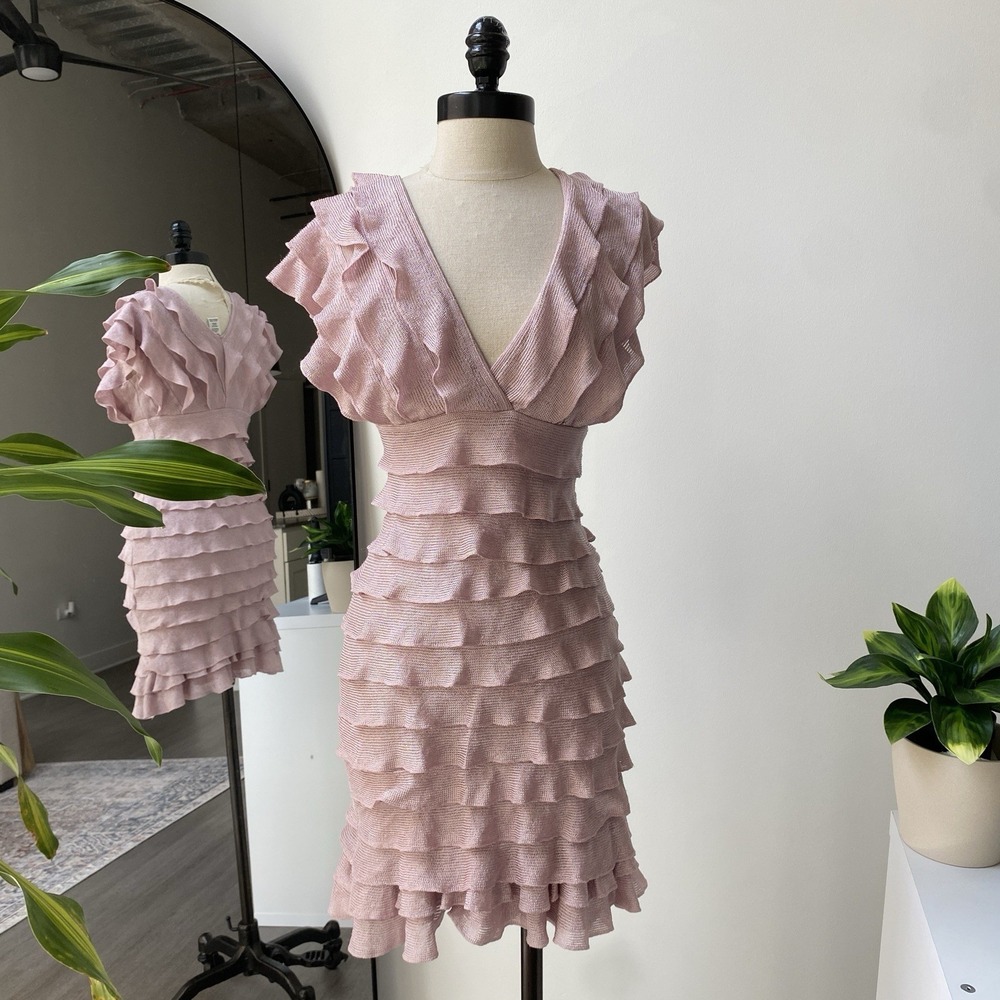 Maxx Studio Blush Pink Tiered Ruffled Short Sleeve V- Neck Dress Formal Dance XS